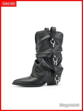 Women's Mid Calf Western Cowboy Boots Pointed Toe Slouchy Pull On Faux Leather